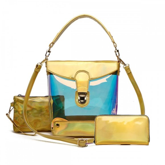 Gold Hologram 3 in 1 Bucket Shoulder Handbag Set - Picture 1 of 2